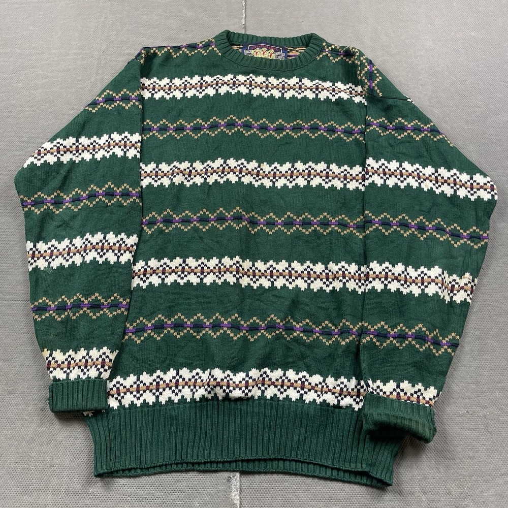 Vintage Ralph Lauren Chaps Mens Medium Sweater Crewneck Green USA Geometric 90s